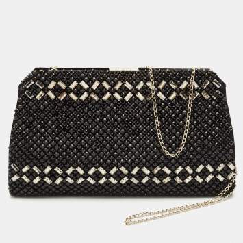 Pre Owned Valentino Black Satin Crystals Frame Chain Clutch
