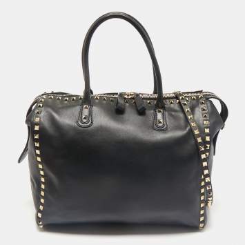 Pre Owned Valentino Black Leather Rockstud Zip Satchel