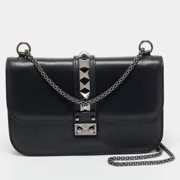 Valentino Black Leather Medium Noir Edition Glam Lock Shoulder Bag