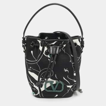 Valentino Black Panther Print Canvas Mini Escape Bucket Bag