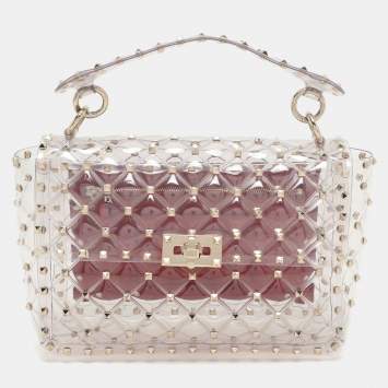Pre Owned Valentino Clear/Red PVC Medium Rockstud Spike Top Handle Bag