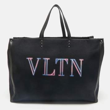 Pre Owned Valentino Dark Blue/Black Canvas and Leather VLTN Weekender Tote