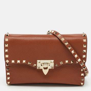 Pre Owned Valentino Brown Leather Rockstud Flap Crossbody Bag