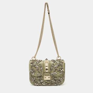 Pre Owned Valentino Olive Green Leather Small Rockstud Glam Lock Crystals Flap Bag