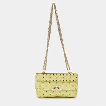 Pre Owned Valentino Yellow Quilted Leather Small Rockstud Spike Chain Shoulder Bag