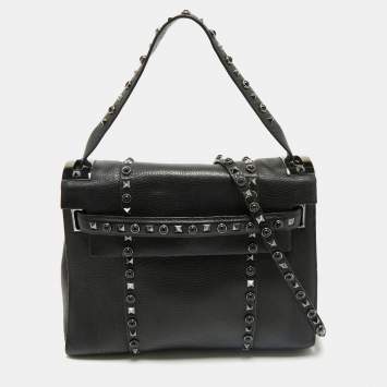 Pre Owned Valentino Black Leather Medium My Rockstud Rolling Top Handle Bag