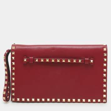 Valentino Burgundy Leather Rockstud Flap Wristlet Clutch