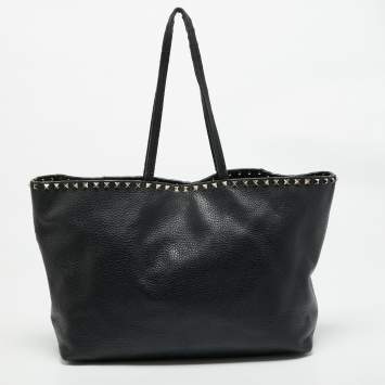 Pre Owned Valentino Black Leather Rockstud Shopper Tote