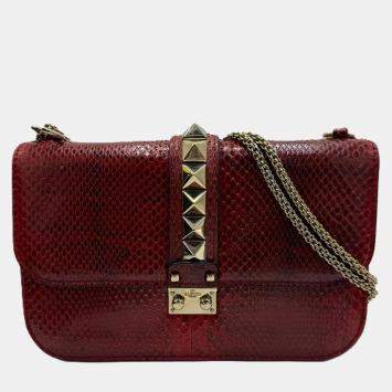Pre Owned Valentino Red Rockstud Python Small Glam Lock Flap Bag