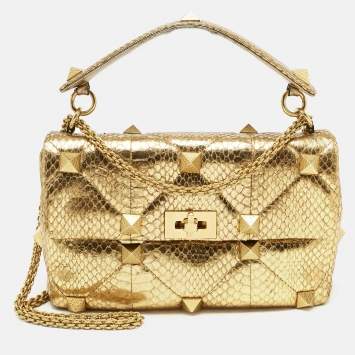 Valentino Gold Watersnake Leather Roman Stud Top Handle Bag