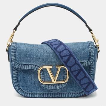 Pre Owned Valentino Blue Denim and Leather VLogo Shoulder Bag