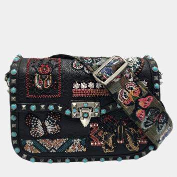 Pre Owned Valentino Rolling Rockstud Medium Black Beaded Patch Calfskin Leather Shoulder Bag