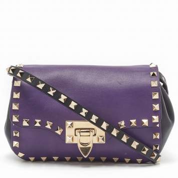 Pre Owned Valentino Dark Purple/Black Leather Rockstud Flap Shoulder Bag