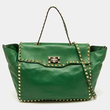 Pre Owned Valentino Green Soft Leather Rockstud Flap Top Handle Bag