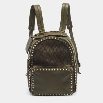 Pre Owned Valentino Military Green Logo Jacquard Canvas and Leather Viva Backpack
