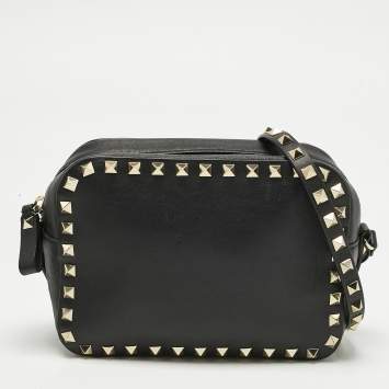 Pre Owned Valentino Black Leather Rockstud Camera Crossbody Bag
