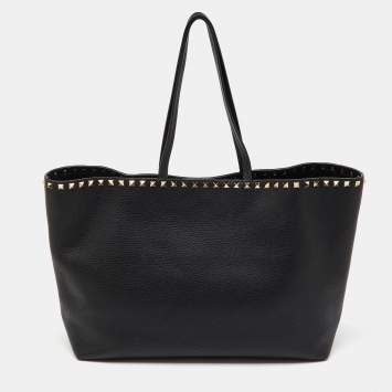 Pre Owned Valentino Black Leather Rockstud Shopper Tote