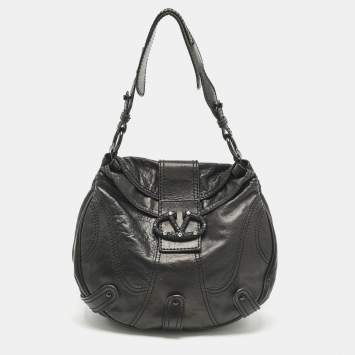 Pre Owned Valentino Black Leather Catch Crystals Hobo