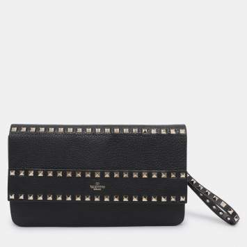 Pre Owned Valentino Black Leather Rockstud Wristlet Clutch