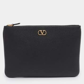 Pre Owned Valentino Black Leather VLogo Zip Pouch Clutch