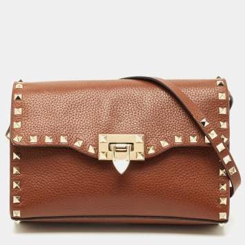 Pre Owned Valentino Brown Leather Rockstud Flap Crossbody Bag