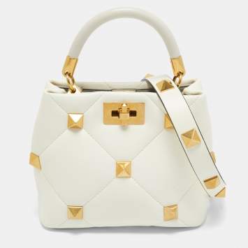 Pre Owned Valentino Cream Quilted Leather Small Roman Stud Top Handle Bag
