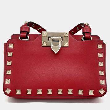 Pre Owned Valentino Rockstud Red Leather Crossbody Bag