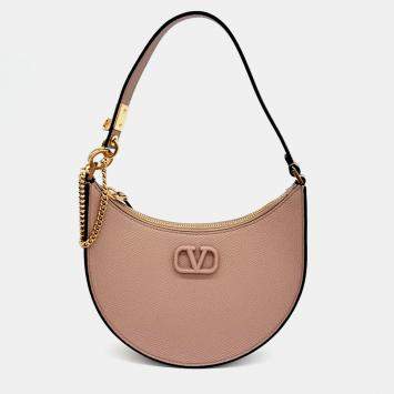 Pre Owned Valentino Pink Leather V-Logo Mini Hobo Bag