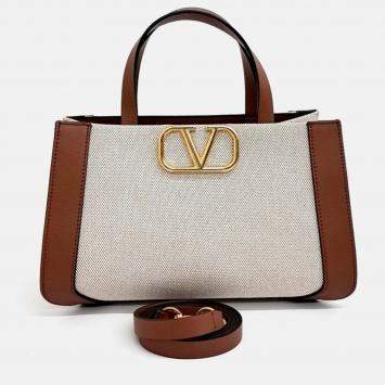 Pre Owned Valentino Beige Brown PVC V-logo tote and shoulder bag