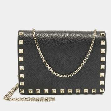 Pre Owned Valentino Black Leather Rockstud Flap Wallet on Chain