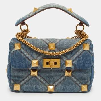 Pre Owned Valentino Washed Blue Denim Medium Roman Stud Top Handle Bag