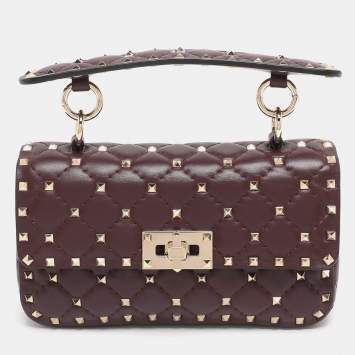 Pre Owned Valentino Burgundy Quilted Leather Small Rockstud Spike Chain Shoulder Bag
