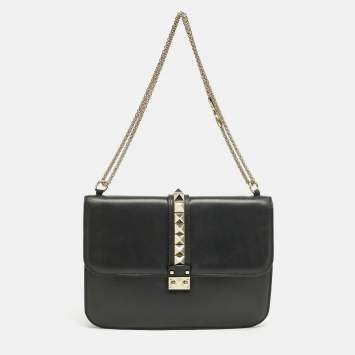 Pre Owned Valentino Black Leather Large Glam Lock Shoulder Bag