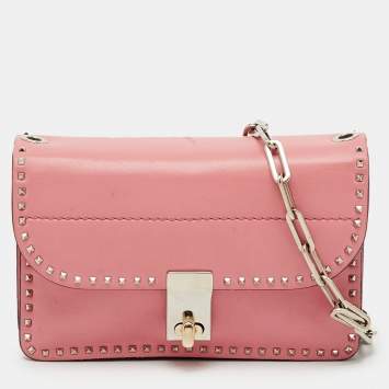 Pre Owned Valentino Pink Leather Rockstud Cabana Chain Crossbody Bag