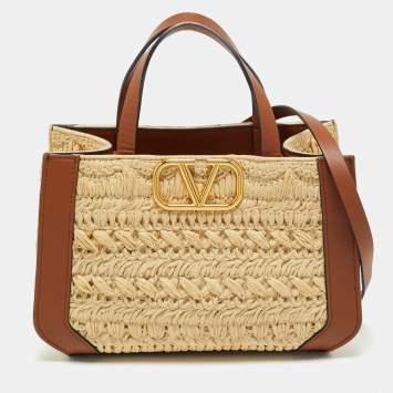 Pre Owned Valentino Brown/Natural Raffia and Leather Small VLogo Signature Tote