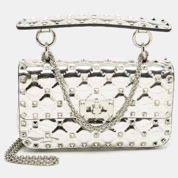 Pre Owned Valentino Silver Quilted Patent Leather Small Rockstud Spike Top Handle Bag