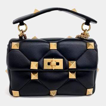 Pre Owned Valentino Black Leather Roman Studded Tote and Shoulder Bag