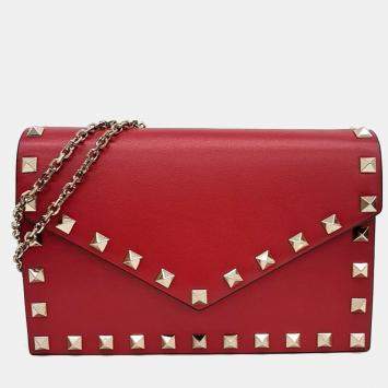 Pre Owned Valentino Red Leather Rockstud Chain Crossbody Bag