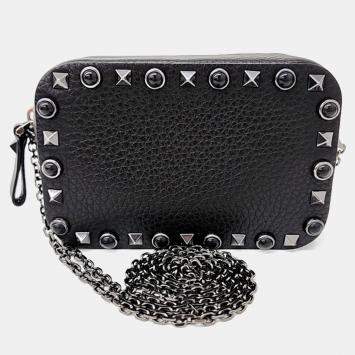 Pre Owned Valentino Black Leather Rockstud Mini Chain Crossbody Bag