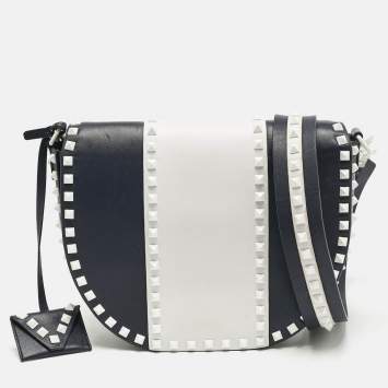 Pre Owned Valentino Navy Blue/White Leather Colorblock Halfmoon Saddle Crossbody Bag