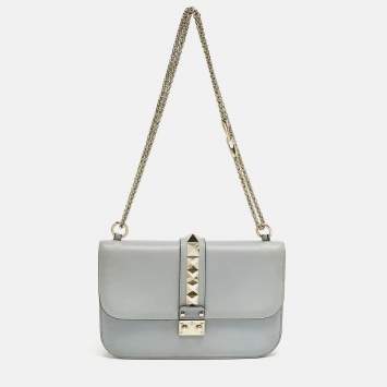 Pre Owned Valentino Light Blue Leather Medium Glam Lock Shoulder Bag