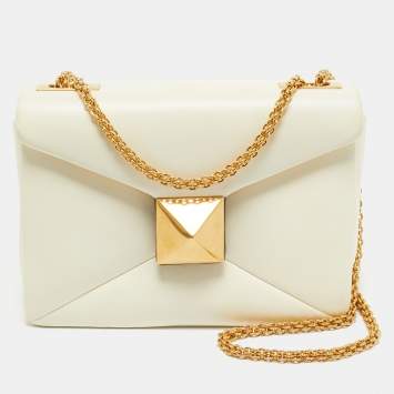Pre Owned Valentino Off White Leather One Stud Chain Shoulder Bag