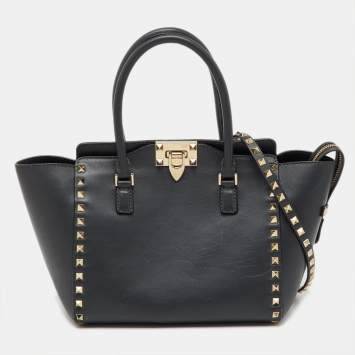 Pre Owned Valentino Dark Grey Leather Rockstud Trapeze Tote