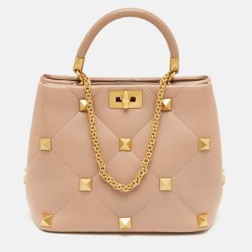 Pre Owned Valentino Dusty Pink Quilted Leather Medium Roman Stud Top Handle Bag
