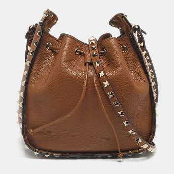 Pre Owned Valentino Brown Leather Rockstud Drawstring Bucket Bag