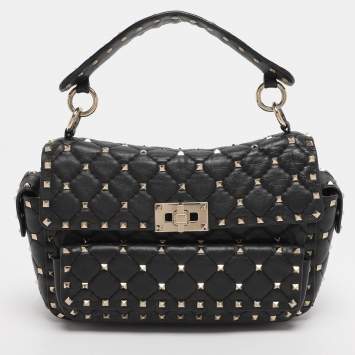 Pre Owned Valentino Black Quilted Leather Medium Rockstud Spike Top Handle Bag