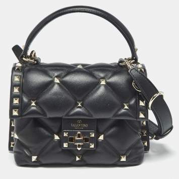 Pre Owned Valentino Black Quilted Leather Mini Candystud Top Handle Bag