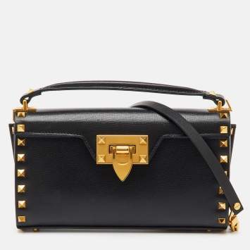 Pre Owned Valentino Black Leather Alcove Rockstud Top Handle Bag