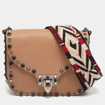 Pre Owned Valentino Nude Leather Rolling Rockstud Flap Shoulder Bag