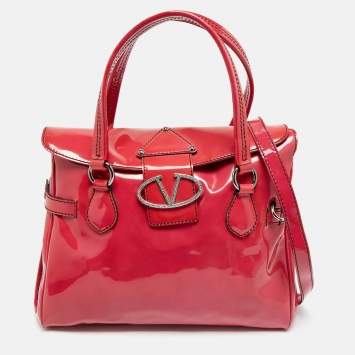 Pre Owned Valentino Fuchsia Patent Leather Crystal VLogo Satchel